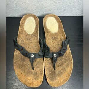 UGG Australia 7 Black Leather‎ Braided Thong Cork Flip Flops Shearling Sandals